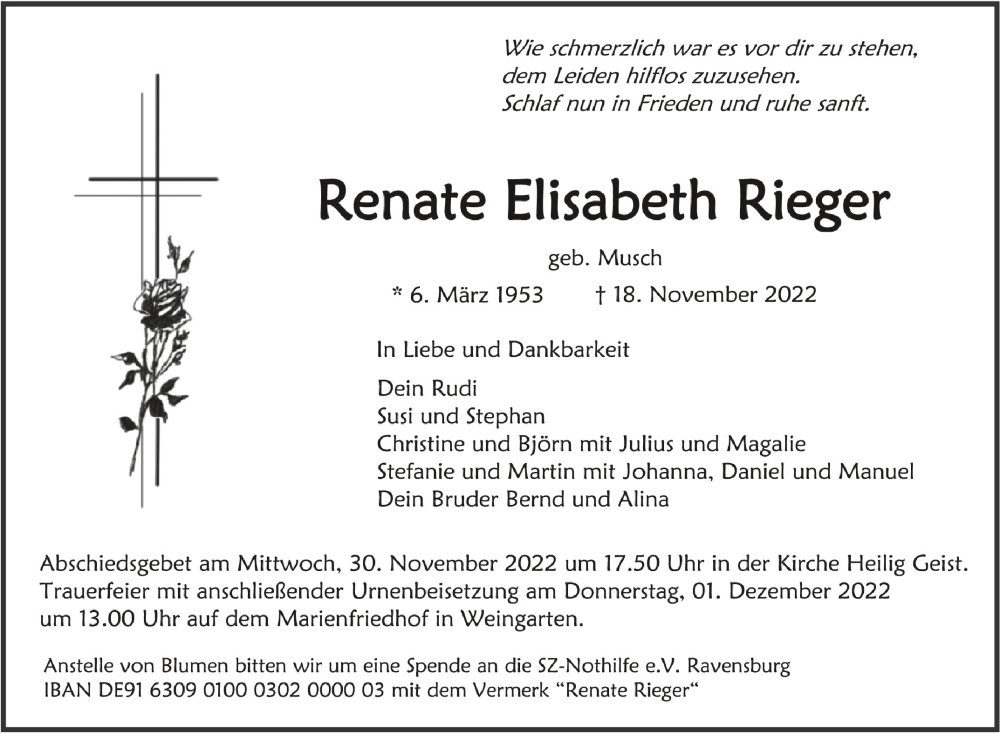  Traueranzeige für Renate Elisabeth Rieger vom 26.11.2022 aus Schwäbische Zeitung