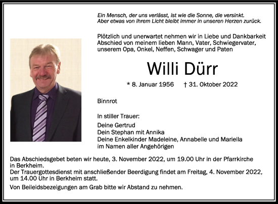 Anzeige von Willi Dürr von Schwäbische Zeitung