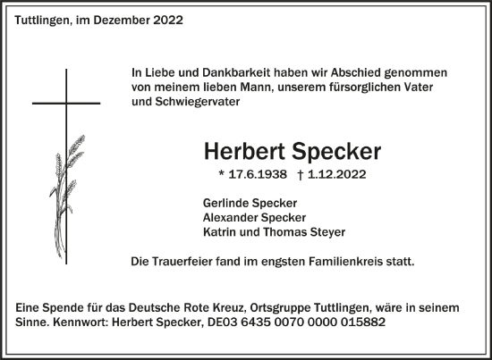 Anzeige von Herbert Specker von Schwäbische Zeitung