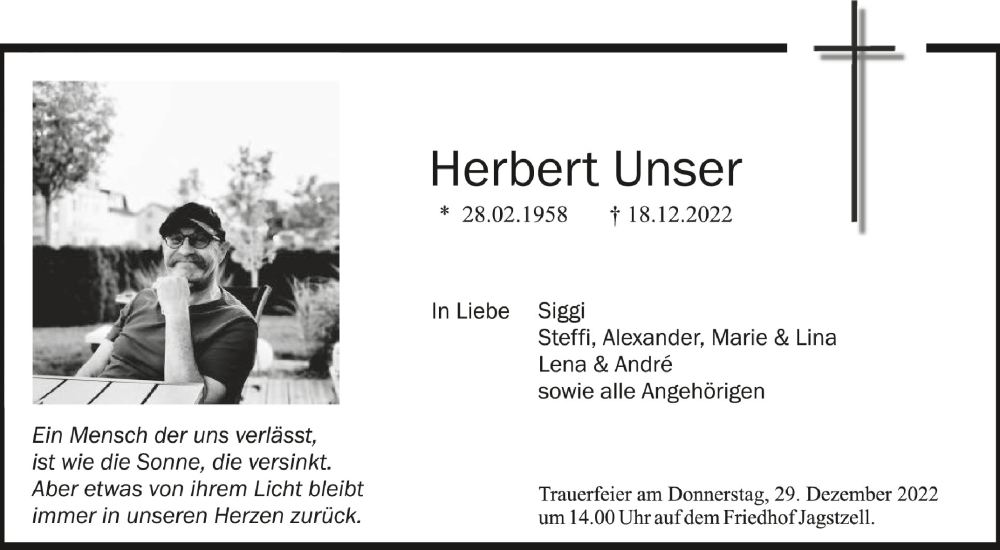  Traueranzeige für Herbert Unser vom 27.12.2022 aus Schwäbische Zeitung