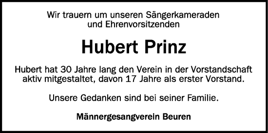 Anzeige von Hubert Prinz von Schwäbische Zeitung