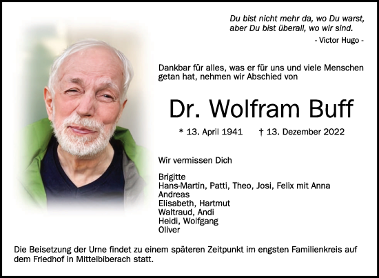 Anzeige von Wolfram Buff von Schwäbische Zeitung