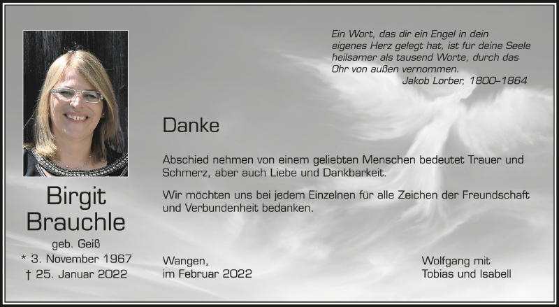  Traueranzeige für Birgit Brauchle vom 12.02.2022 aus Schwäbische Zeitung