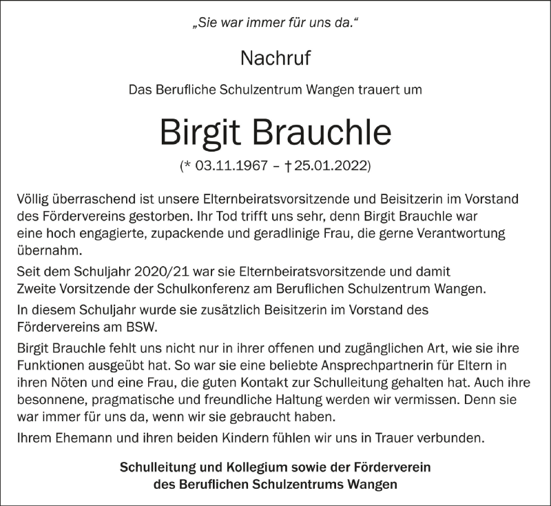  Traueranzeige für Birgit Brauchle vom 05.02.2022 aus Schwäbische Zeitung