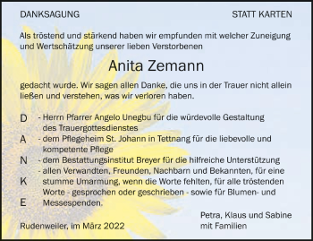 Anzeige von Anita Zemann von Schwäbische Zeitung