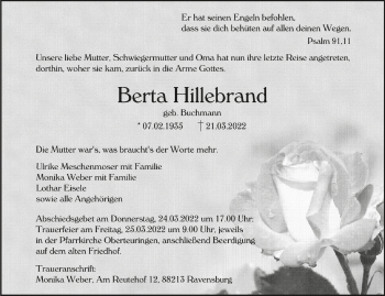 Anzeige von Berta Hillebrand von Schwäbische Zeitung