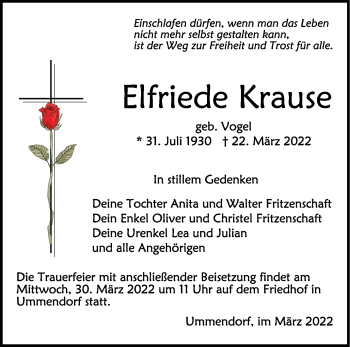 Anzeige von Elfriede Krause von Schwäbische Zeitung