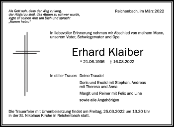 Anzeige von Erhard Klaiber von Schwäbische Zeitung