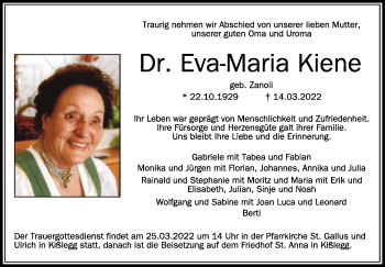 Anzeige von Eva-Maria Kiene von Schwäbische Zeitung