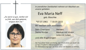 Anzeige von Eva Maria Neff von Schwäbische Zeitung