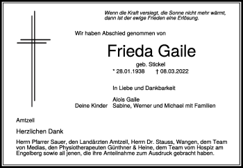 Anzeige von Frieda Gaile von Schwäbische Zeitung