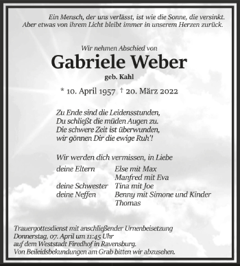 Anzeige von Gabriele Weber von Schwäbische Zeitung