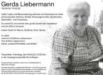 Anzeige von Gerda Liebermann von Schwäbische Zeitung