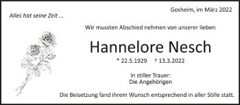 Anzeige von Hannelore Nesch von Schwäbische Zeitung