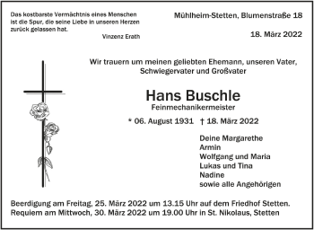 Anzeige von Hans Buschle von Schwäbische Zeitung