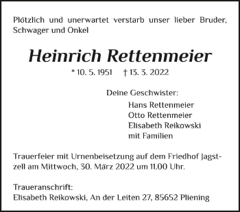 Anzeige von Heinrich Rettenmeier von Schwäbische Zeitung