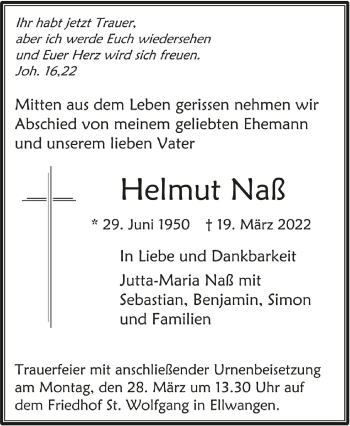 Anzeige von Helmut Naß von Schwäbische Zeitung