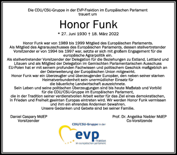 Anzeige von Honor Funk von Schwäbische Zeitung