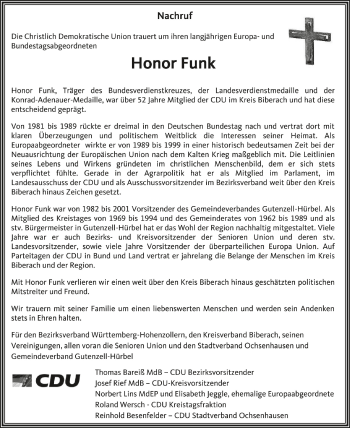 Anzeige von Honor Funk von Schwäbische Zeitung