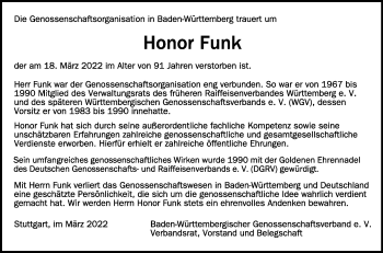 Anzeige von Honor Funk von Schwäbische Zeitung