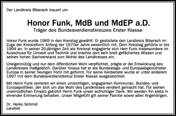 Anzeige von Honor Funk von Schwäbische Zeitung