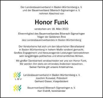 Anzeige von Honor Funk von Schwäbische Zeitung