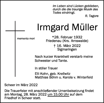 Anzeige von Irmgard Müller von Schwäbische Zeitung