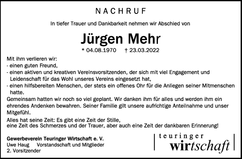  Traueranzeige für Jürgen Mehr vom 30.03.2022 aus Schwäbische Zeitung