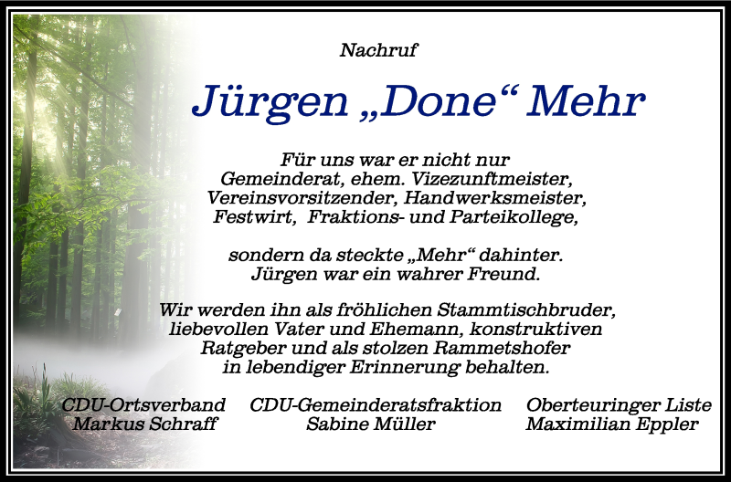  Traueranzeige für Jürgen Mehr vom 29.03.2022 aus Schwäbische Zeitung