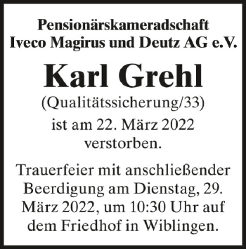 Anzeige von Karl Grehl von Schwäbische Zeitung