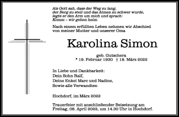 Anzeige von Karolina Simon von Schwäbische Zeitung