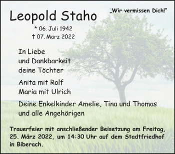 Anzeige von Leopold Staho von Schwäbische Zeitung