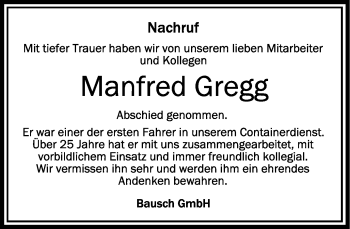 Anzeige von Manfred Gregg von Schwäbische Zeitung