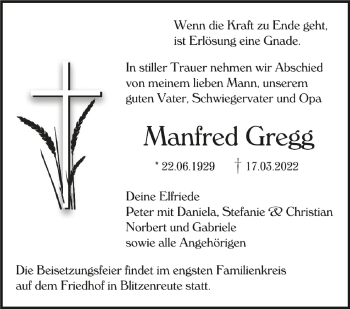 Anzeige von Manfred Gregg von Schwäbische Zeitung