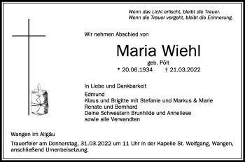 Anzeige von Maria Wiehl von Schwäbische Zeitung