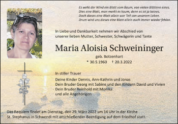 Anzeige von Maria Aloisia Schweininger von Schwäbische Zeitung