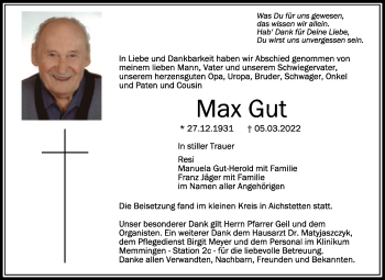 Anzeige von Max Gut von Schwäbische Zeitung