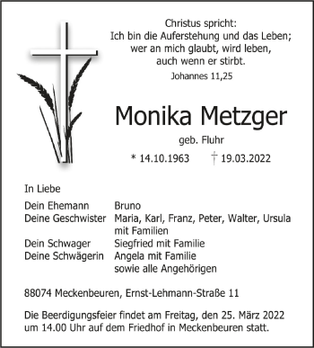 Anzeige von Monika Metzger von Schwäbische Zeitung