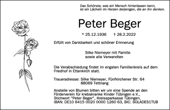 Anzeige von Peter Beger von Schwäbische Zeitung