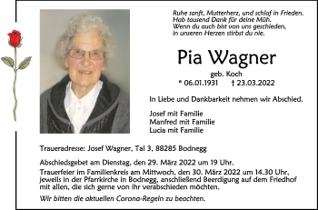 Anzeige von Pia Wagner von Schwäbische Zeitung