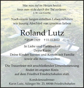 Anzeige von Roland Lutz von Schwäbische Zeitung