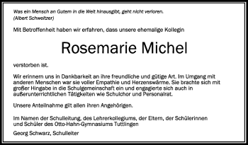 Anzeige von Rosemarie Michel von Schwäbische Zeitung