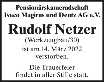 Anzeige von Rudolf Netzer von Schwäbische Zeitung