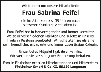 Anzeige von Sabrina Feifel von Schwäbische Zeitung