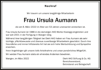 Anzeige von Ursula Aumann von Schwäbische Zeitung