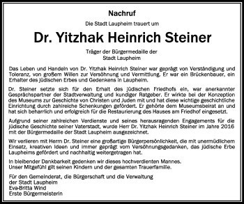 Anzeige von Yitzhak Heinrich Steiner von Schwäbische Zeitung