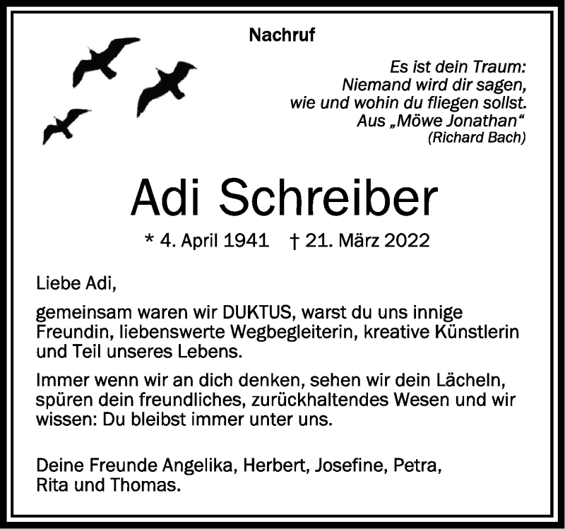  Traueranzeige für Adi Schreiber vom 02.04.2022 aus Schwäbische Zeitung