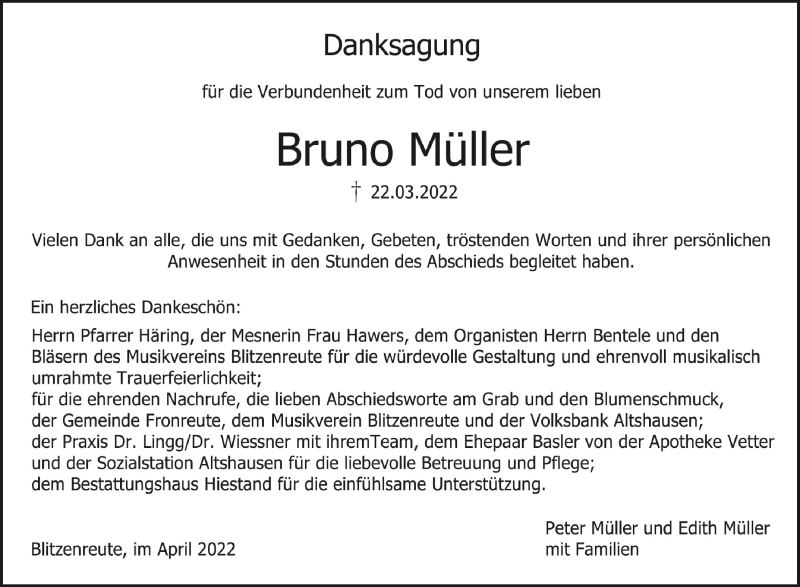  Traueranzeige für Bruno Müller vom 09.04.2022 aus Schwäbische Zeitung