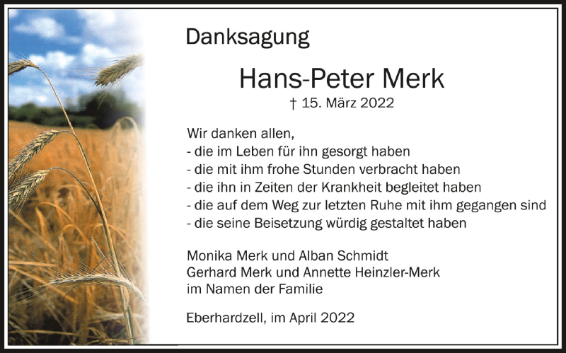  Traueranzeige für Hans-Peter Merk vom 16.04.2022 aus Schwäbische Zeitung