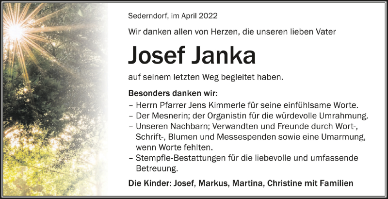  Traueranzeige für Josef Janka vom 14.04.2022 aus Schwäbische Zeitung